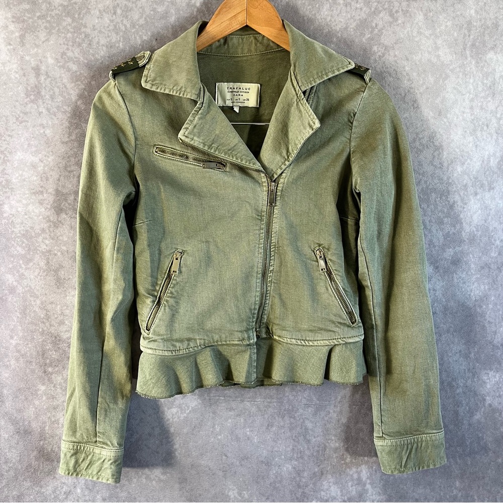 Zara Moto Jacket Womens Small Olive Green Peplum Star Epaulette‎ Military Twill